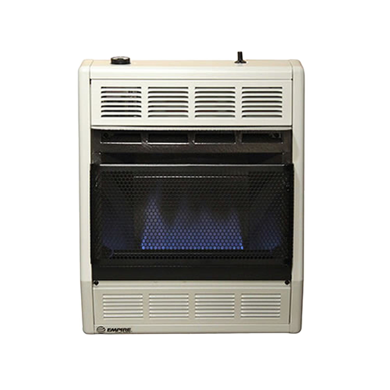 Empire blue flame space heater close-up lit.