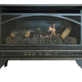 HR HRQ25MVL- Hearthrite vent-free stove close-up, fire lit