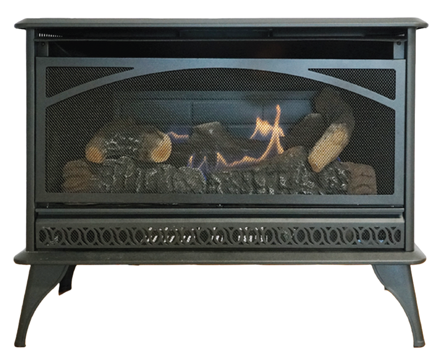 HR HRQ25MVL- Hearthrite vent-free stove close-up, fire lit