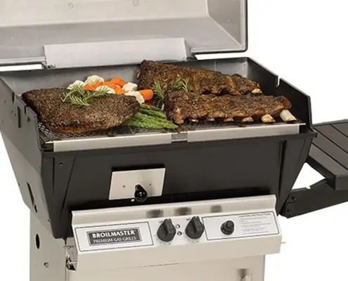 Broilmaster Q3X closeup with steaks and veggies