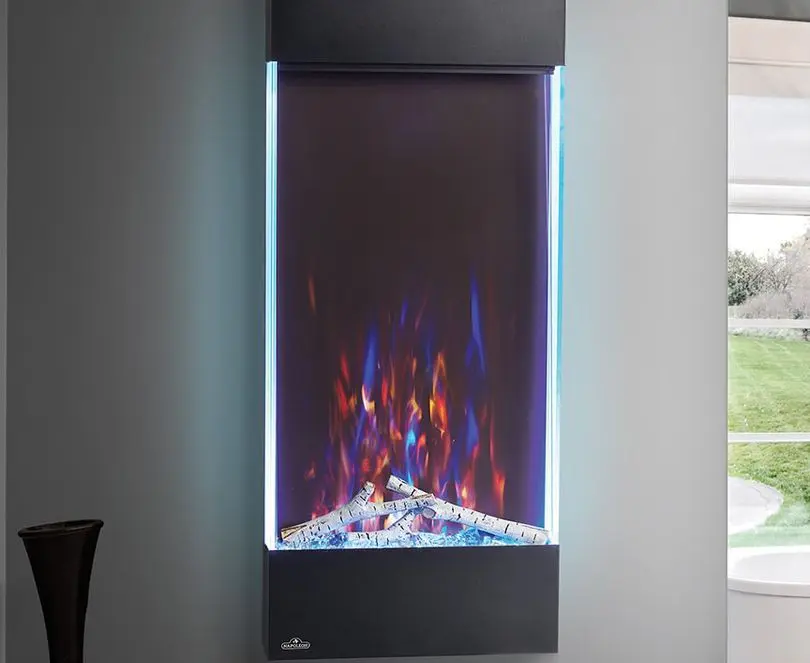 Napoleon Allure Vertical Electric Fireplace hanging on wall