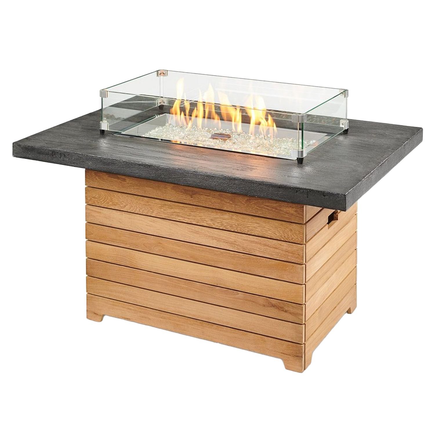 Outdoor GreatRoom Company Darien close-up fire lit with wind guard