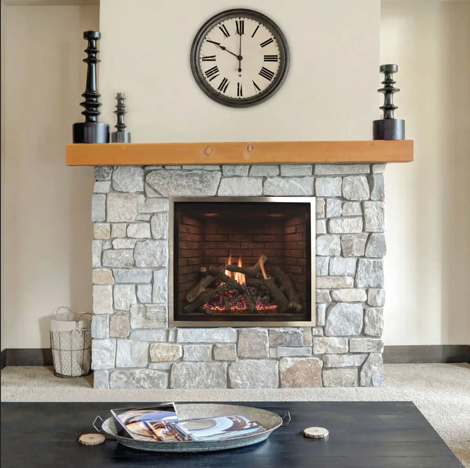 White Mountain Hearth Rushmore with clock over mantel
