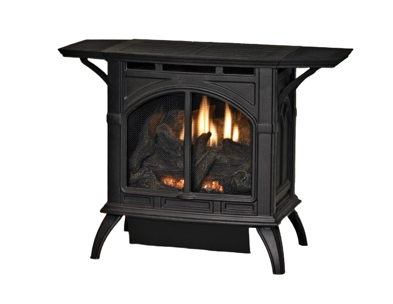 White Mountain Heart Cast Iron Stove slose-up fire lit