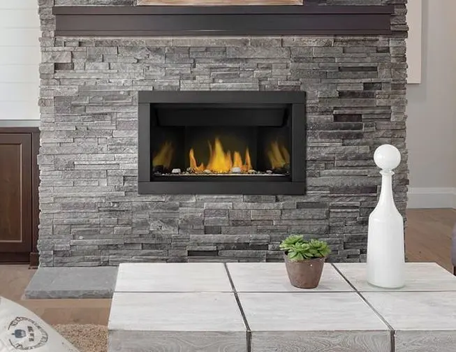 Napoleon Ascent linear fireplace installed in stone mantel