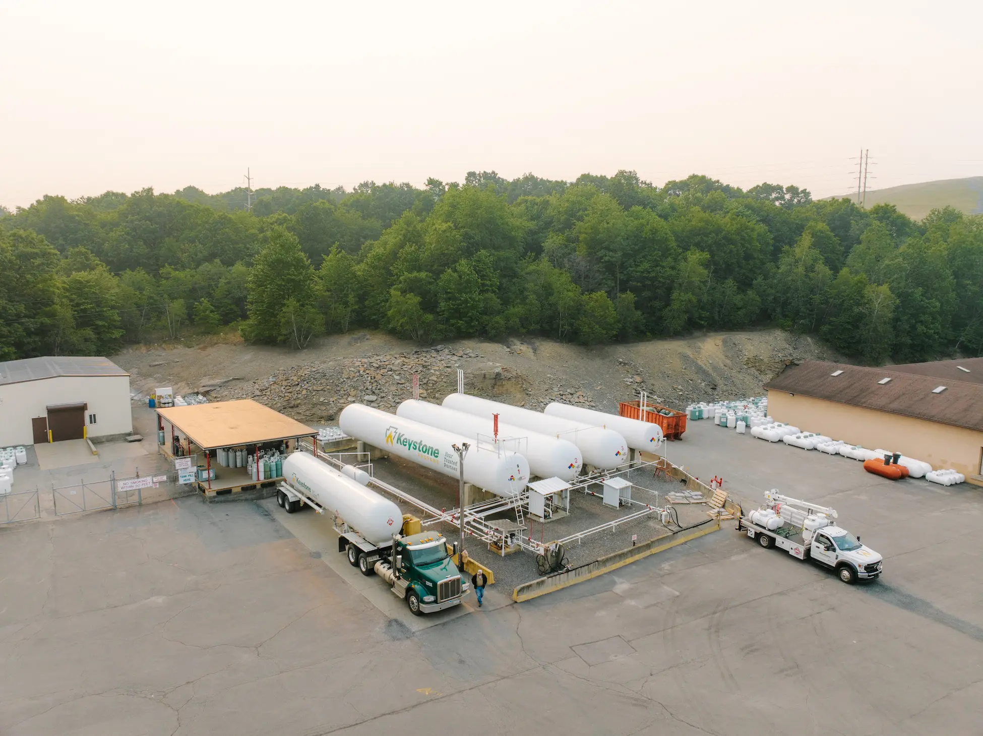 Overhead shot of large storage tanks and yard, Keystone Propane, Throop pa