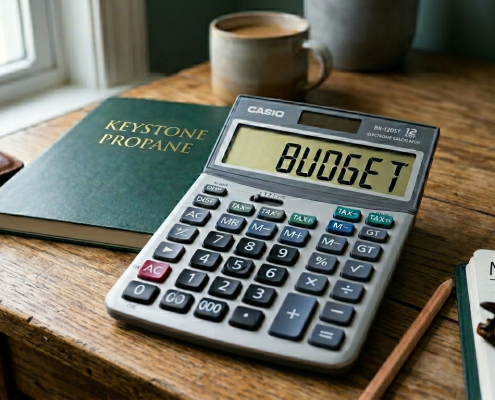 Image of a calculator on a desk with the word "budget" on the calculator readout