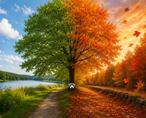 A tree transitioning from summer to fall