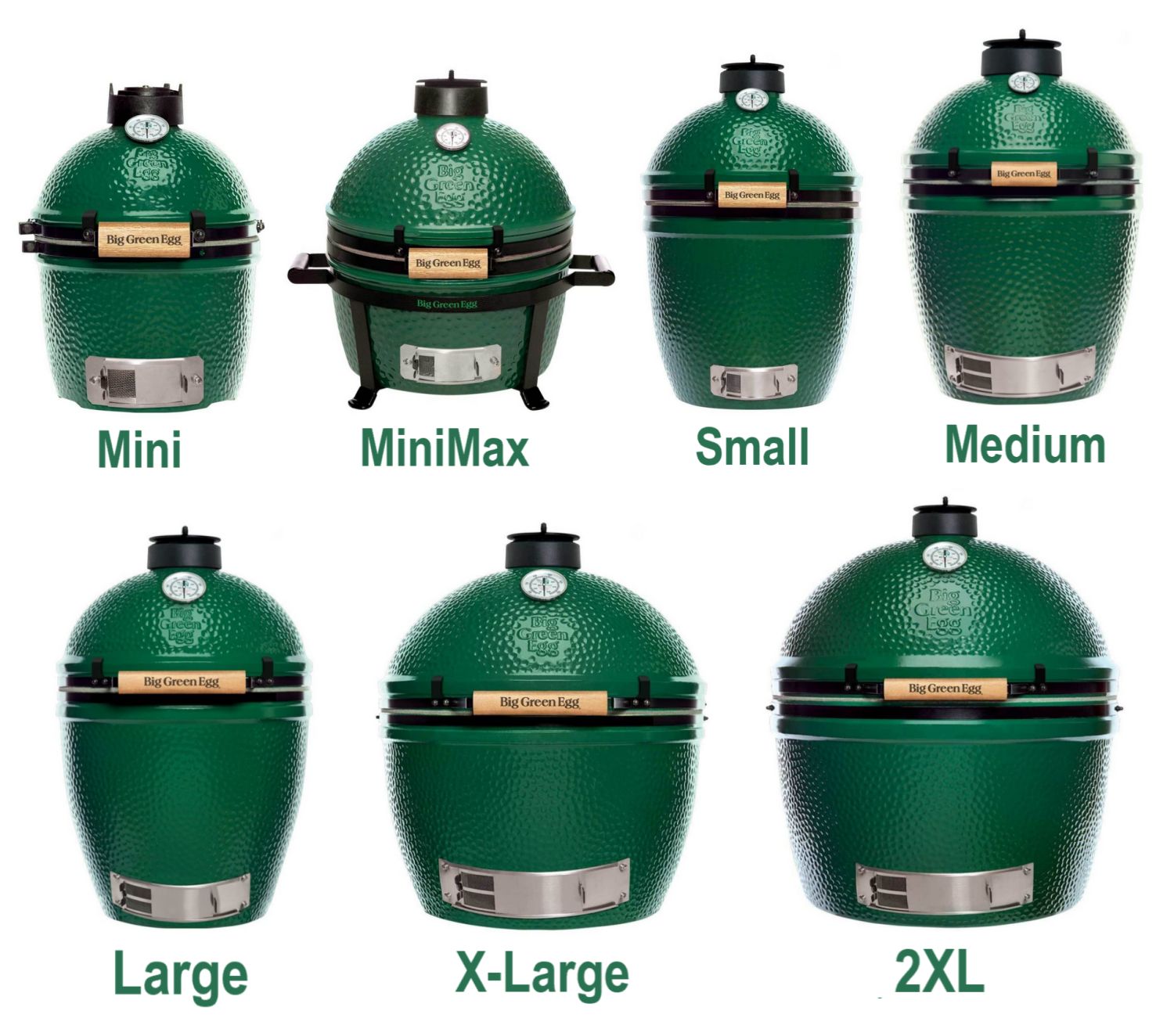 All 8 Big Green Egg models shown by size progression