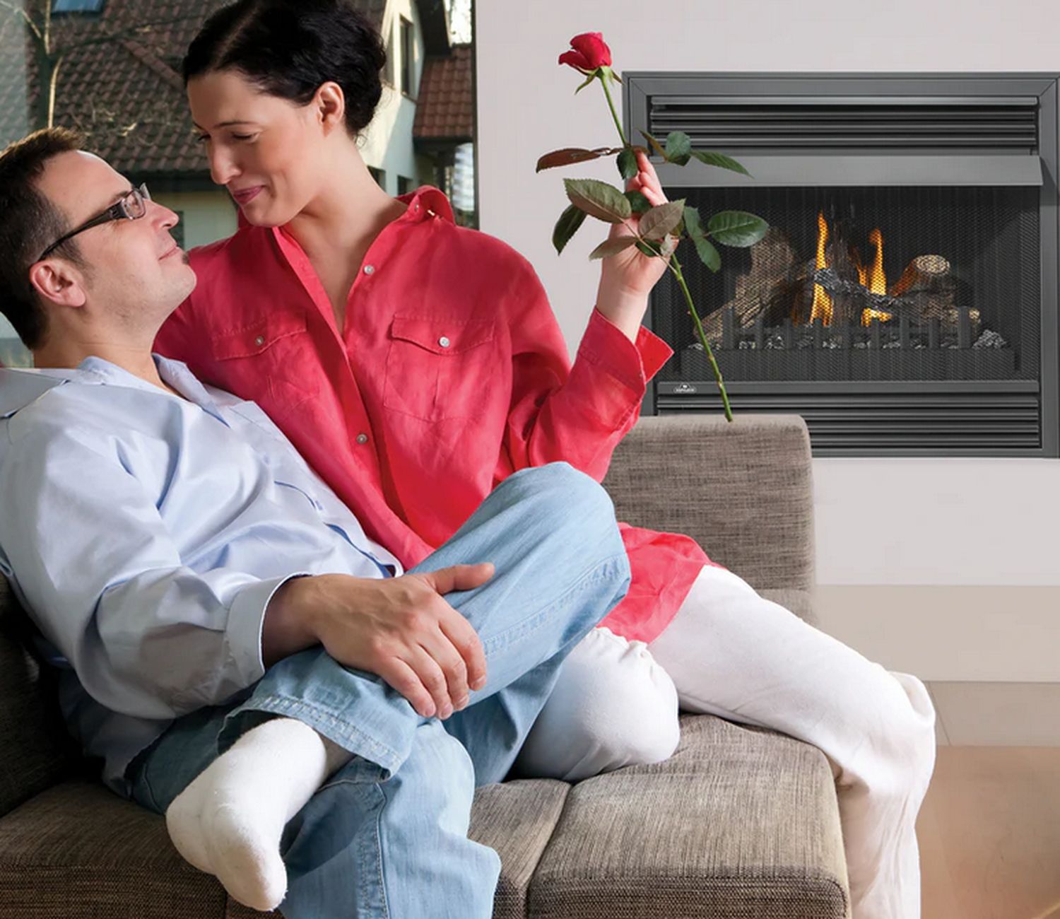 Grandville fireplace with close up couple