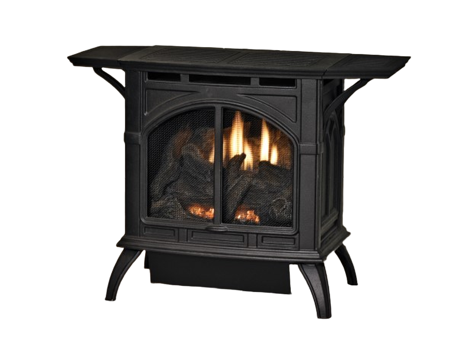 White Mountain Heart Cast Iron Stove slose-up fire lit