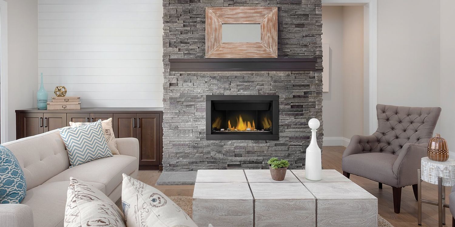 Napoleon Ascent Linear installed stone mantel