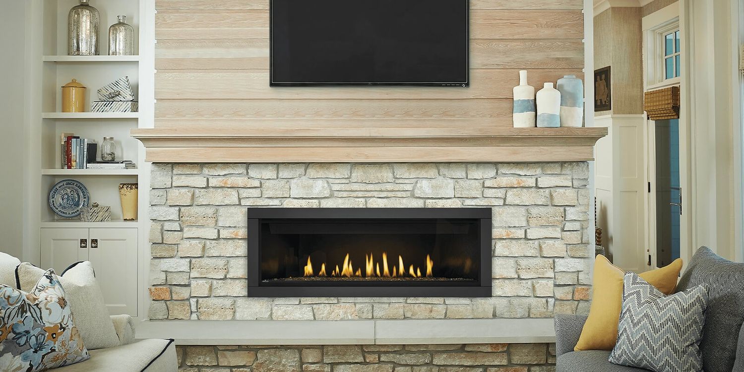 Napoleon Ascent Linear installed in light stone mantel