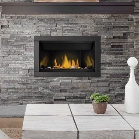 Napoleon Ascent linear fireplace installed in stone mantel