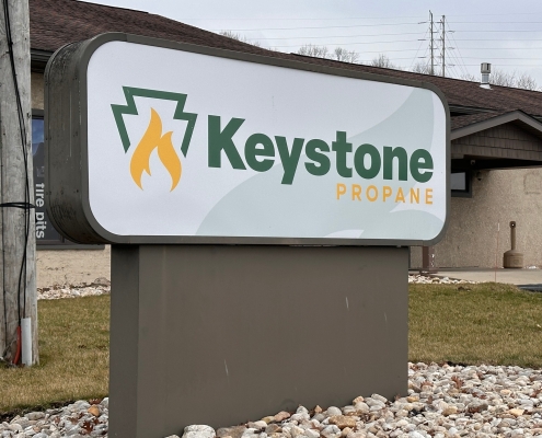 Close up of Keystone Propane sign in front of building in Throop PA