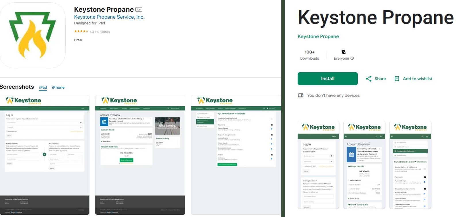 Screenshot of Android and iOS apps for Keystone Propane
