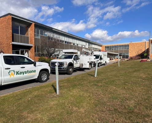 Keystone vehicles parked on location